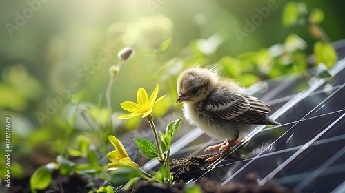 Small chick near yellow flower on solar panel, symbolizing renewable energy and nature © marcia47