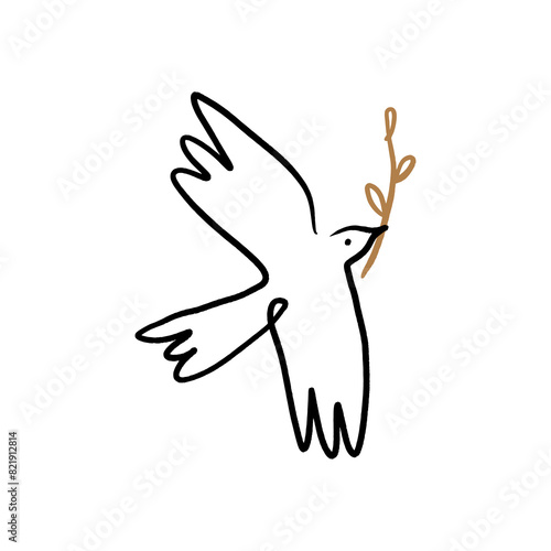 Line black-white art minimalistic dove logo or label. Flying pigeon ink sketch drawing. Celestial constellation folk bird illustration. Good for greeting card, banner, flyer, poster, wall handing and