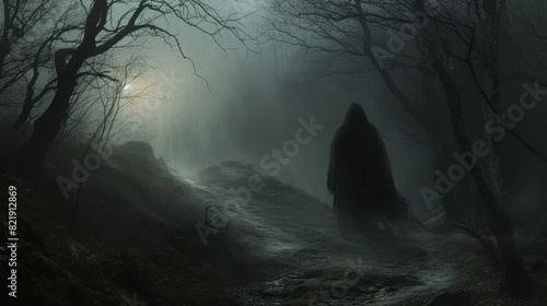 An evocative image of a cloaked figure wandering a foggy forest path, casting an aura of mystery and ancient lore.