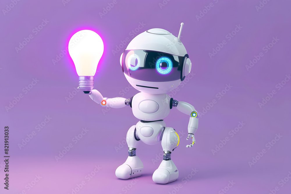 Fototapeta premium 3D Cute cartoon robot holding light bulb isolated on purple background. AI