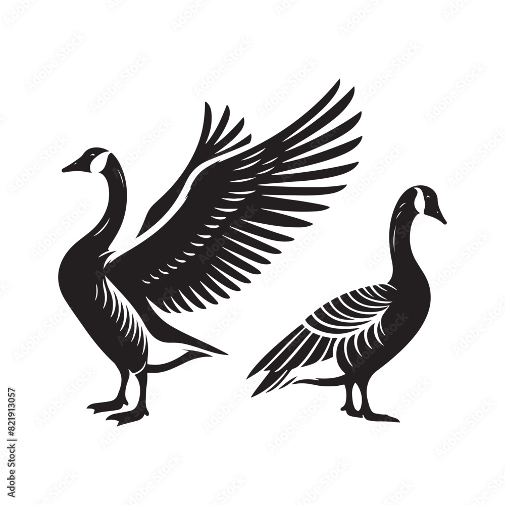 Fototapeta premium Goose Silhouettes: Striking Black Vector Art Capturing the Grace and Beauty of These Iconic Waterfowl - Goose Illustration- Goose Vector.
