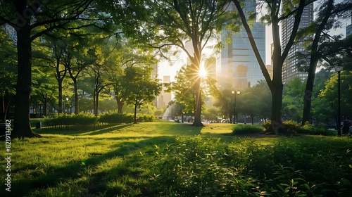 Sunlit park with lush greenery and skyscrapers in the background © marcia47