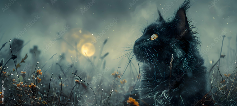 A black cat with a spooky Halloween backdrop of a full moon and misty graveyard