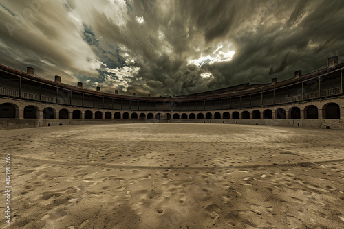 Wide shot shows the inside view of an old Spanish bull ring with no people present. The central area is filled with dirt and sand, while the surrounding seats have arches above them. There is dramati