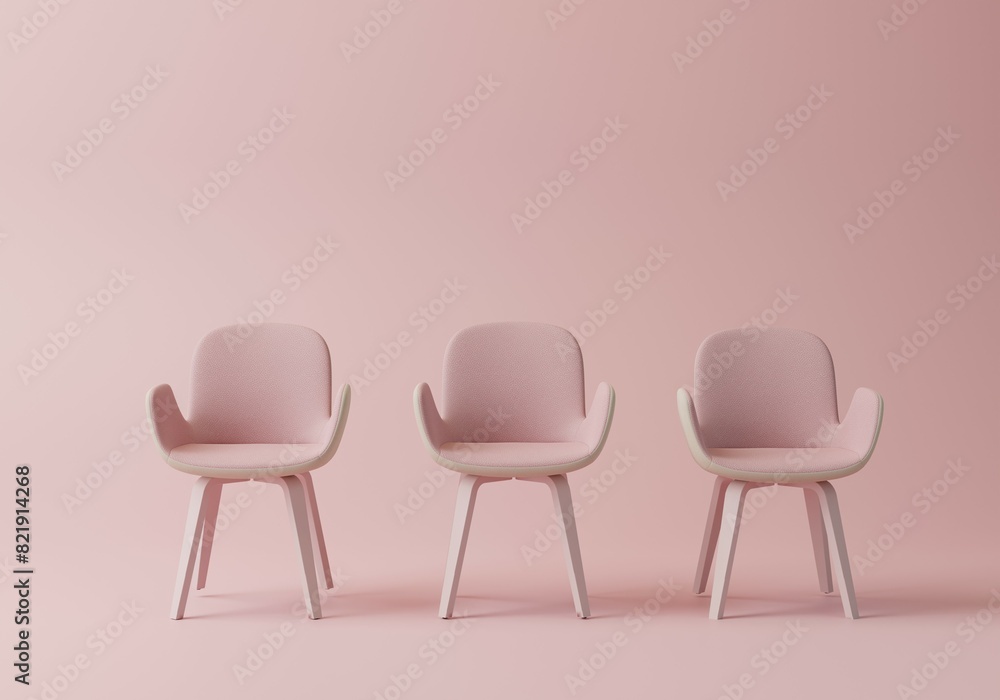 3d Empty Chairs on Pink Monochrome background. Vacant place, Job interview, Waiting room concept. Minimal 3d render 3d Empty Chairs on Pink Monochrome background. Vacant place, Job interview, Waiting room concept. Minimal 3d render