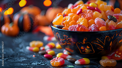A bowl of colorful Halloween candy, with various treats spilling out photo