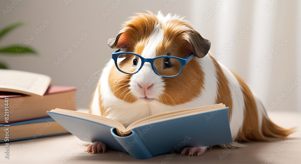 A guinea pig reading book wearing glasses, cute education domestic student adorable concept, 