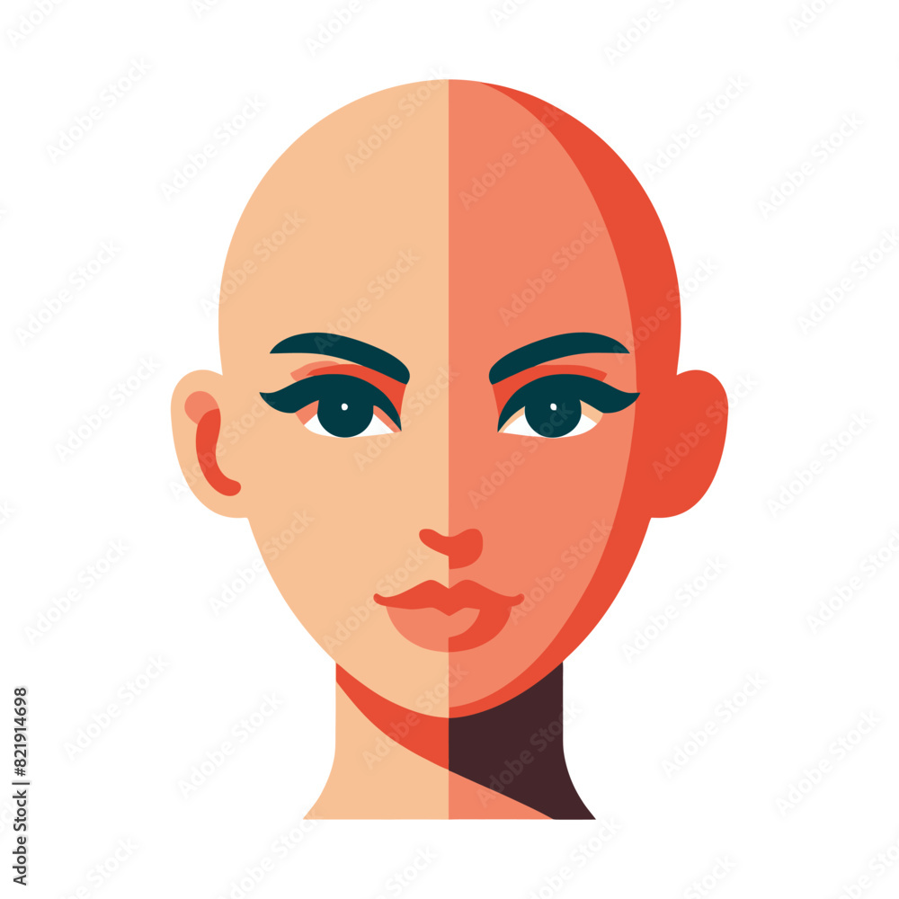 Minimalist vector illustration of a bald woman with a split face design. Minimalist vector illustration of a bald woman with a split face design.