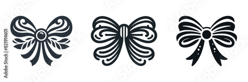 Vector illustration of three decorative bows in black and white. Each bow features intricate designs and patterns, showcasing different styles of elegance and detail. photo