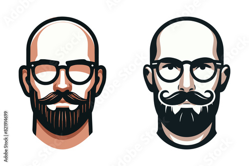 Stylish vector illustration of a bald man with a beard and glasses, featuring two unique designs.