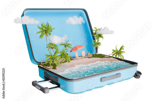 Miniature tropical beach scene inside an open suitcase