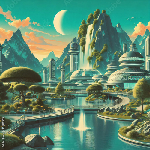 view of the city combining elements mid 20th century sci-fi with modern technology  photo