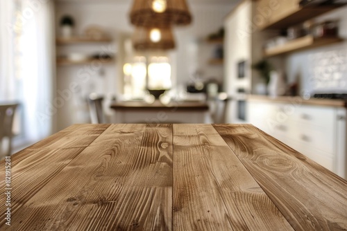 Kitchen Table Top. Blurred Kitchen Room with Wooden Table Background