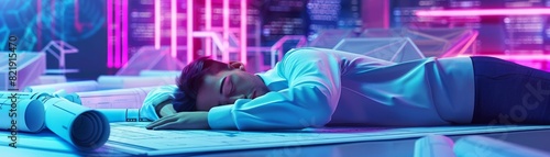 Designer asleep on a pile of blueprints, soft neon lighting, futuristic architecture models in the background, 3D photo