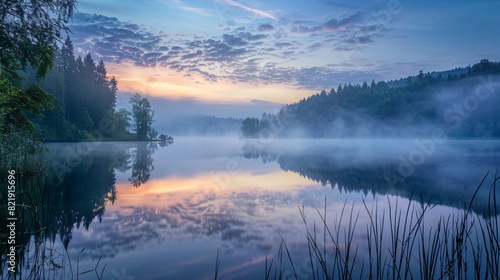 misty lake at dawn