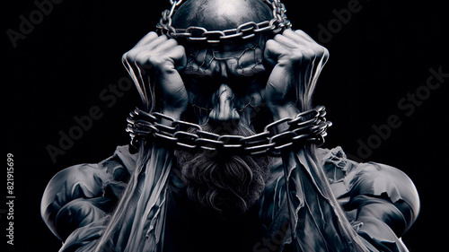 Prisoner chained in a chain clinging to his head against a black background	