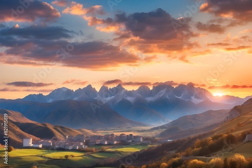 Riano cityscape at sunset with mountain range landscape during Autumn in Picos de Europa National Park, Leon, Spain