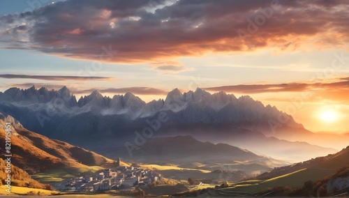 Riano cityscape at sunset with mountain range landscape during Autumn in Picos de Europa National Park  Leon  Spain