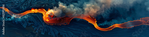 Volcanic eruption process. Landscape of volcano with exploding and flowing lava and magma. Hot volcanic magma eruption and exploding with smoke infernal. Natural disaster concept photo