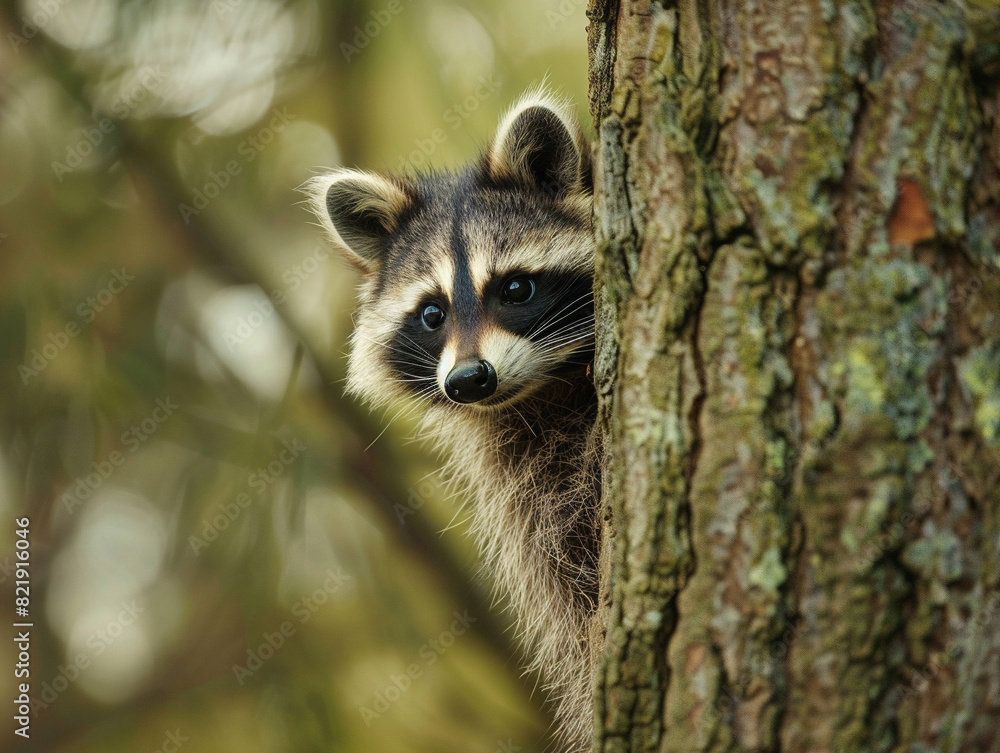 A playful raccoon peeks out from behind a tree trunk, looking curious and adorable.