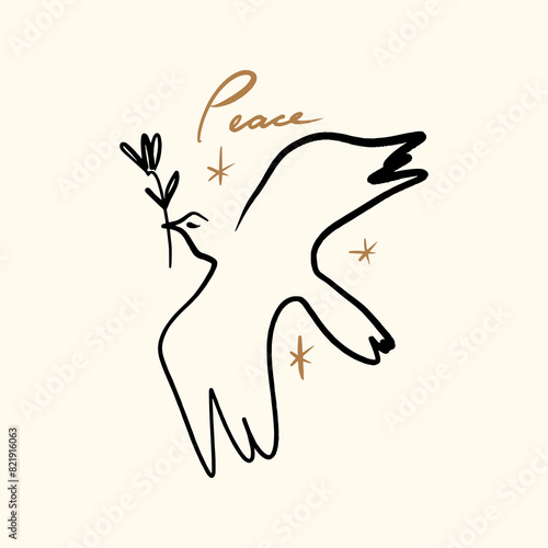 Line art minimalistic dove logo or label. Flying pigeon ink sketch drawing. Celestial constellation folk bird illustration. Good for greeting card, banner, flyer, poster, wall handing and room decor.