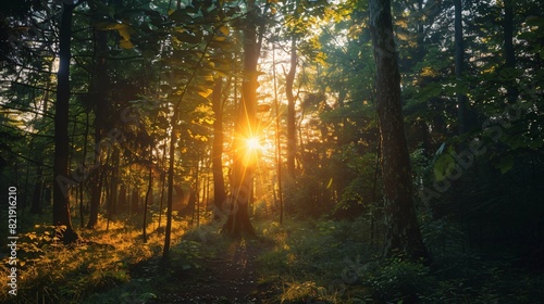 tall tress in a forest with bright sunlight shining through the trees