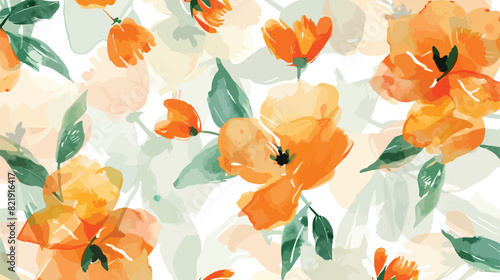 Green orange floral watercolor pattern for background