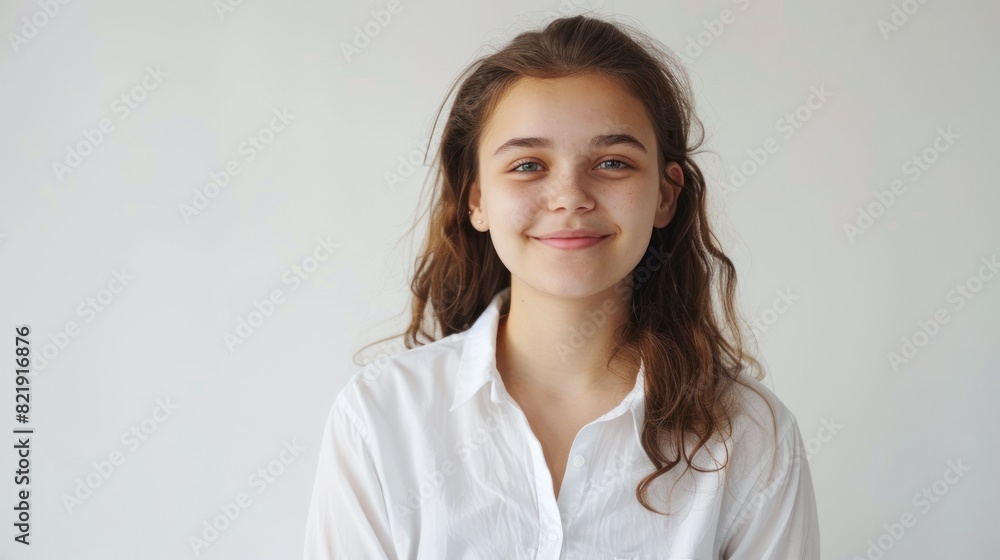 smiling face of young gril with white shirt and same background smiling face of young gril with white shirt and same background