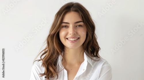 smiling face of young gril with white shirt and same background