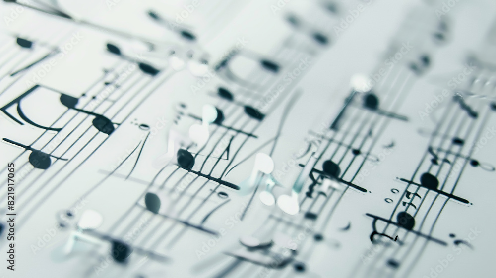 Abstract image of notes, treble keys and musical tracks Abstract image of notes, treble keys and musical tracks