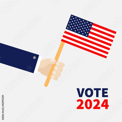 Businessman hand holding American flag. President election day. Vote 2024. Voting concept. Flat design. Invitation Greeting card banner template print. Isolated. White background. Vector illustration