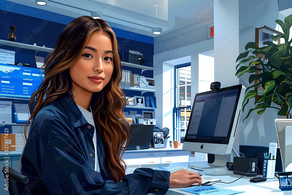 Receptionist at Work Station with Computer, Phone, and Customer Database Receptionist at Work Station with Computer, Phone, and Customer Database