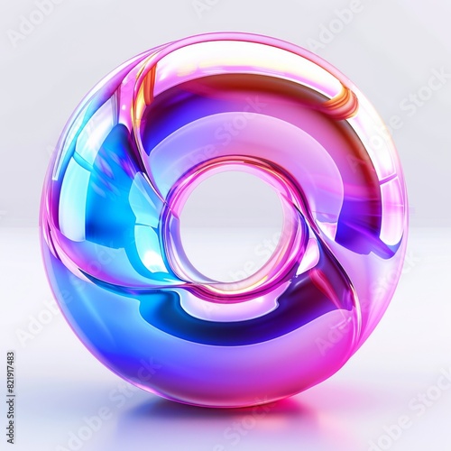 A colorful glass object with a holographic, minimalistic, doughnut-shaped design sitting on a sleek table. Generative AI photo