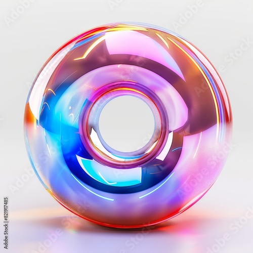 A colorful glass object with a holographic, minimalistic, doughnut-shaped design sitting on a sleek table. Generative AI