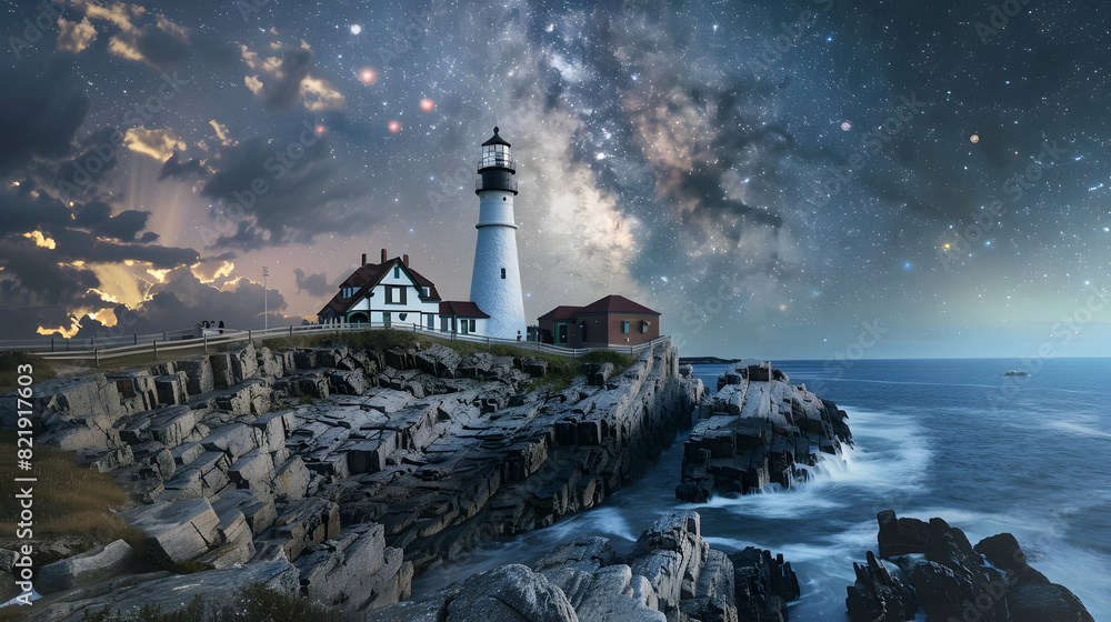 Night to day image of Portland Head Lighthouse at Cape Elizabeth, Maine