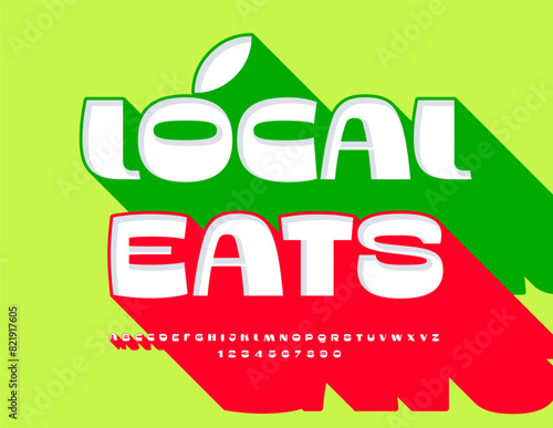 Vector eco concept Local Eats for Market, Store and Cafe. Modern Font with Big Red Shadow. Artistic Alphabet Letters and Numbers set.