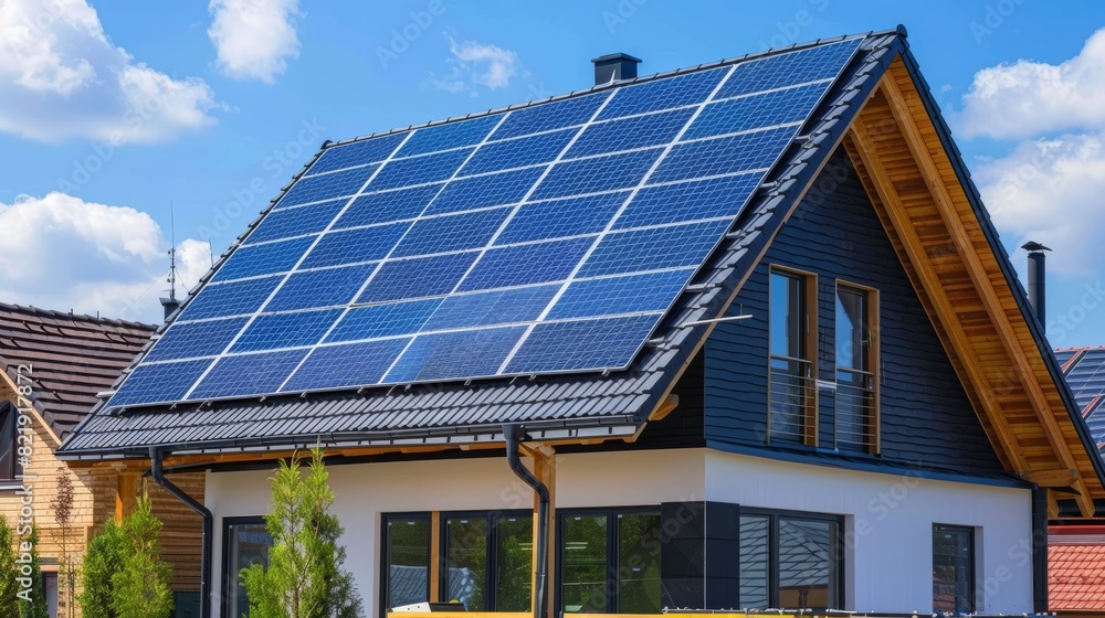 Fototapeta premium Modern eco friendly passive house with solar panels on the gable roof