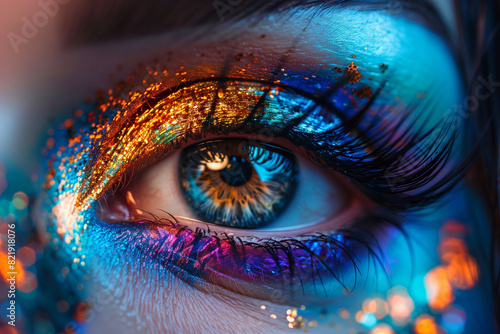 Macro portrait wallpaper of a human eye with dramatic, colorful makeup. Highlights intricate eye surface details, eyelashes, and vibrant makeup colors, creating a stunning artistic composition.