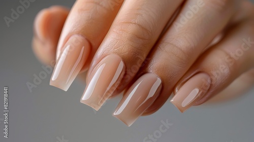 This image highlights a woman s hand featuring a stunning neutral-colored manicure on long square nails. Set against a neutral gray background  the gel polish shines with subtle beauty.