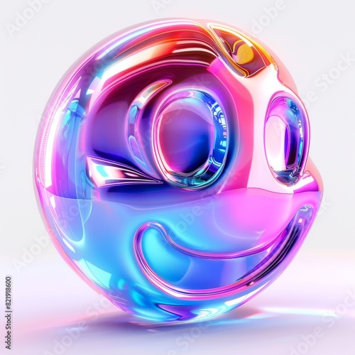 A colorful object with a smiley face on it, featuring holographic and minimalistic design elements. Sparkling smiley emoji icon. Generative AI