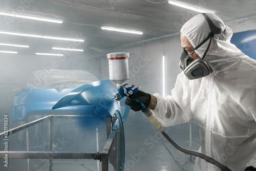 Foto Worker in protective mask and jumpsuit overall spraying base coat of paint on car body elements in painted chamber using professional airbrush