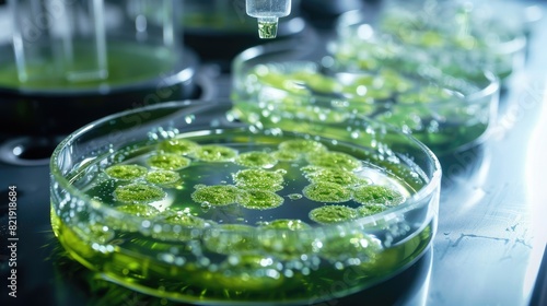 Green Microalgae Clusters Under Scientific Examination in Lab.