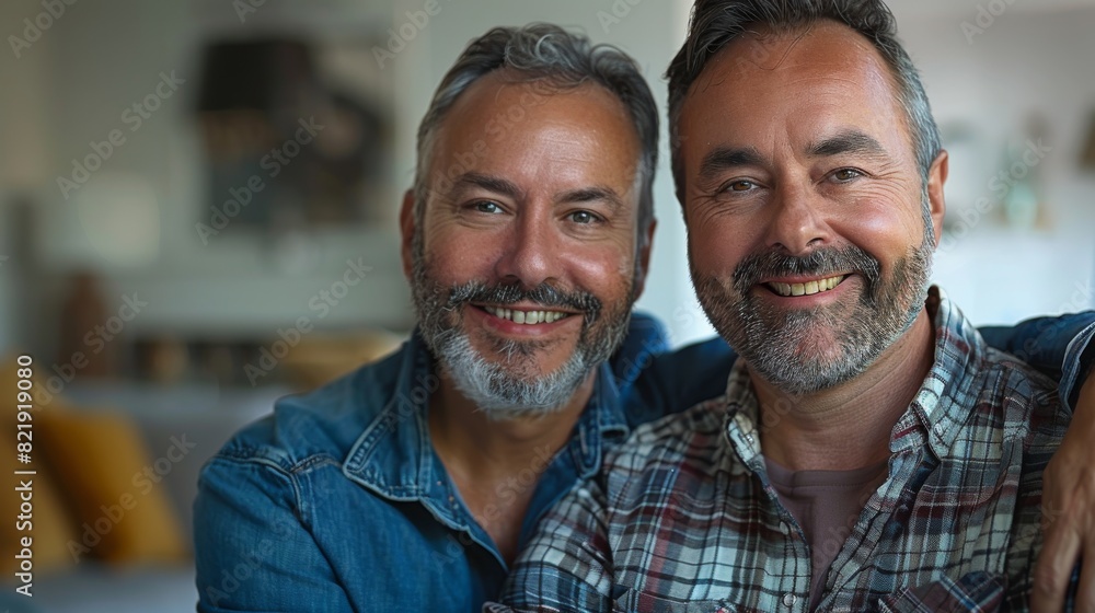 Smiling middle aged homosexual men couple hugging and looking at camera in modern living room at home Smiling middle aged homosexual men couple hugging and looking at camera in modern living room at home