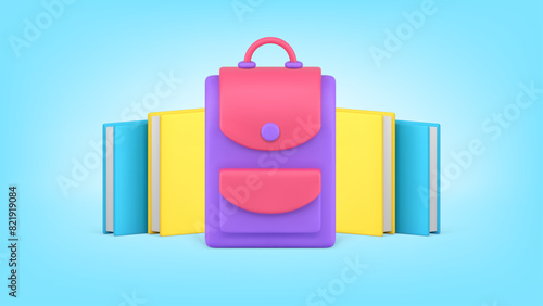 Back to school studying learning education schoolbag with books paper literature 3d icon vector