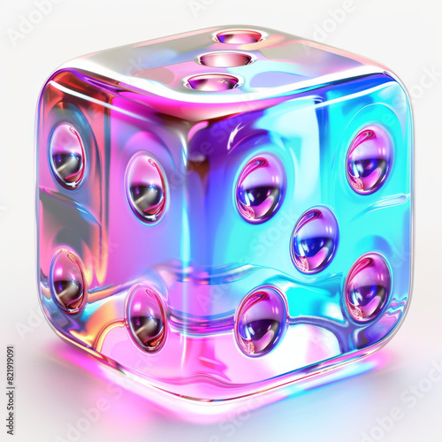A futuristic, holographic dice glows with vibrant neon colors and a sleek, minimalistic design.