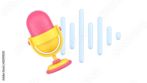 Retro microphone podcast audio recording studio music radio show stereo wave 3d icon vector