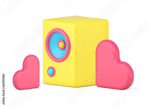 Sound stereo speaker lovely music loud broadcasting love radio streaming heart shape 3d icon vector