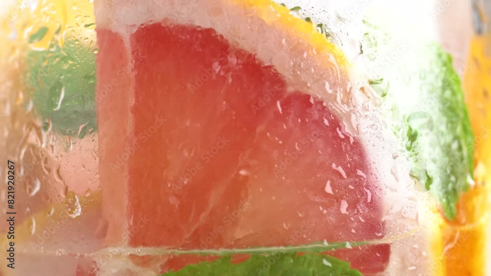 Preparing grapefruit lemonade with ice cubes. Mojito cocktail, fizzy sparkling tonic with bubble Preparing grapefruit lemonade with ice cubes. Mojito cocktail, fizzy sparkling tonic with bubble