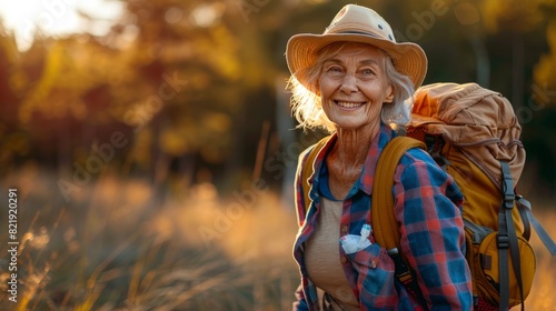 Elderly woman enjoying an active lifestyle, walking in nature with a smile. She is sporting a backpack and hat, embodying outdoor activity, health, and happiness