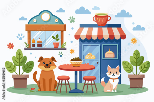 Cute illustration of a pet-friendly cafe with dogs, plants, and a cozy outdoor seating area photo